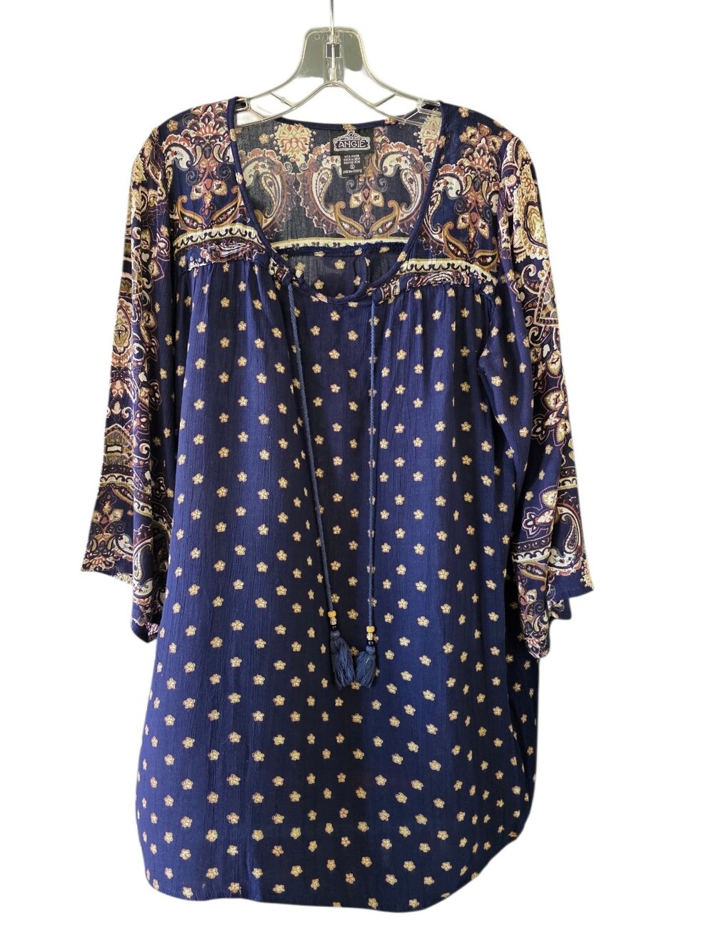 Angie Navy Blue & Gold Paisley Tassel Tunic Size Small